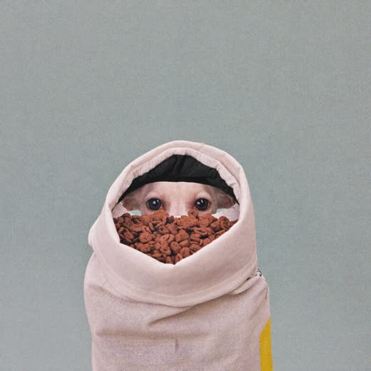 A scoop of dry pet food in an open feed sack